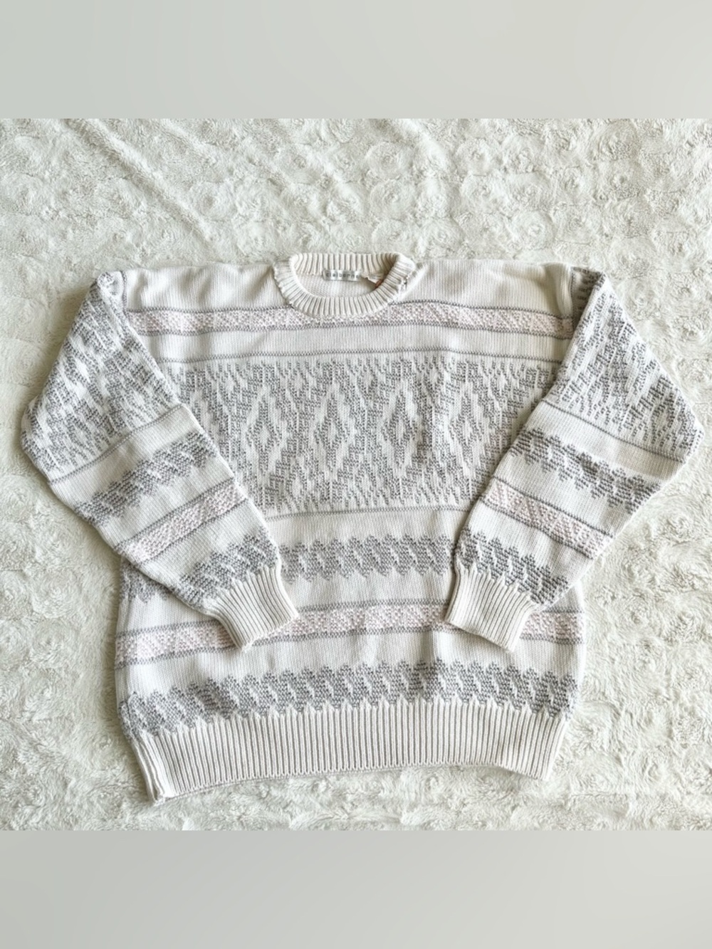 Vintage Claiborne Pullover Sweater Mens Medium White Geometric Fair Isle READ